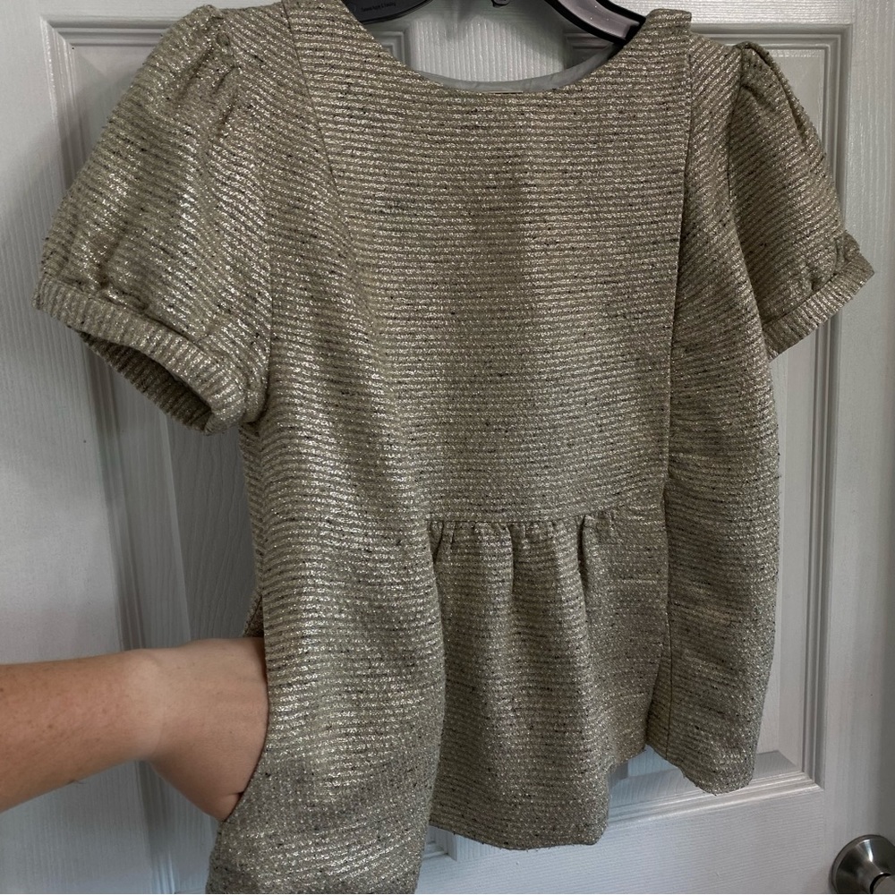 LOEFFLER RANDALL Tan Silver Metallic Puff Short Sleeve Snap Blouse - Picture 6 of 13